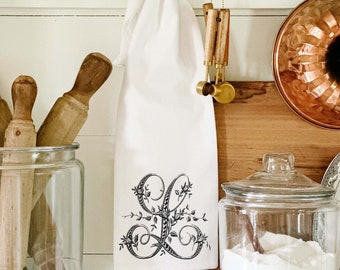 Monogrammed Towel, Farmhouse Flour Sack Towel, French Floral Monogram, Vintage Monogram,