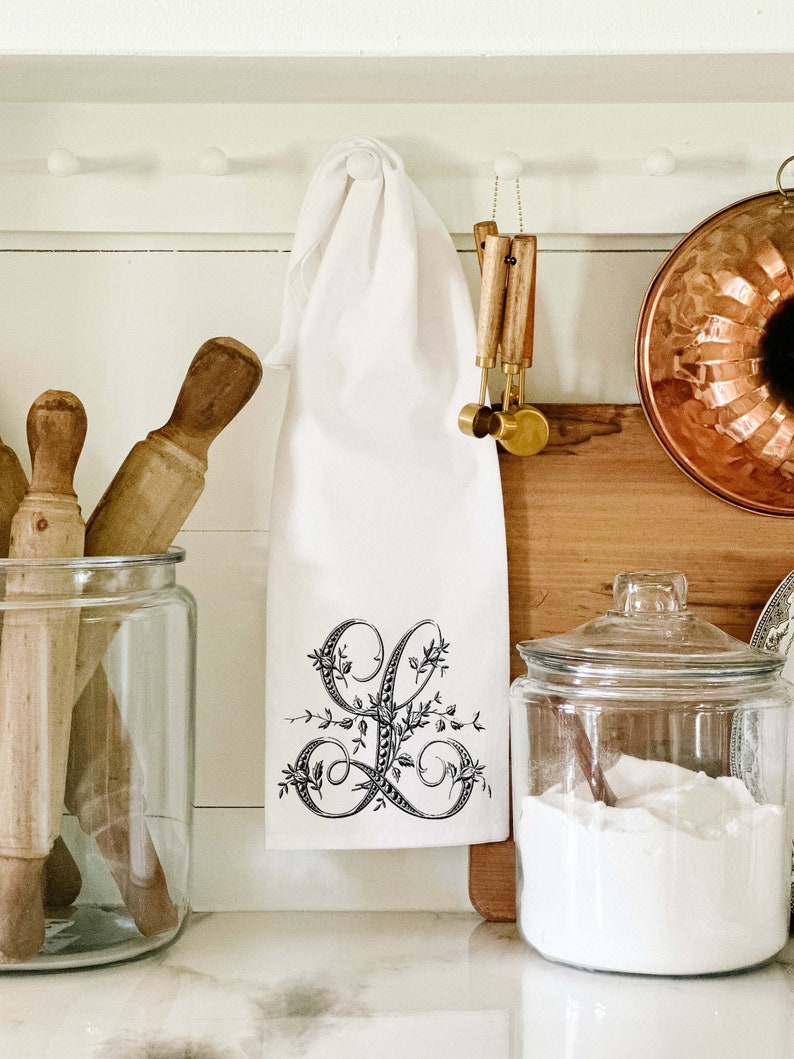 Monogrammed Towel, Farmhouse Flour Sack Towel, French Floral Monogram, Vintage Monogram, White