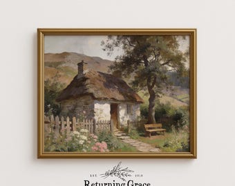 Grafika artystyczna „Vintage Cottage”, wiosenny krajobraz Cottagecore (pobranie cyfrowe), ławka przy domku