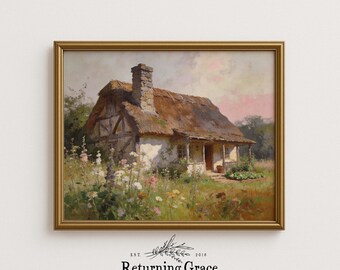 Grafika artystyczna „Vintage Cottage”, wiosenny krajobraz Cottagecore (pobranie cyfrowe), domek z różowym zachodem słońca