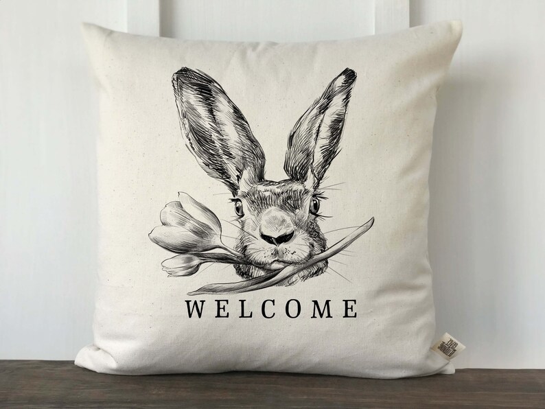 Farmhouse Easter Pillow Cover, Easter Bunny Pillow, Spring Pillow, Spring Decor, Farmhouse Pillow, Decorative Pillow, Welcome image 1