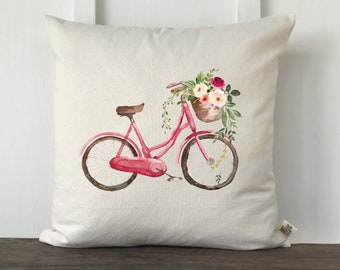 Spring Pillow Cover, Farmhouse Easter Watercolor Bicycle Pillow Cover, Decorative Pillow Cover, Custom Couch Pillow, Watercolor Pillow Cover