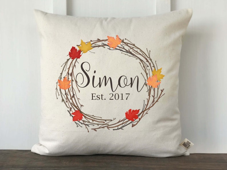 Personalized Fall Pillow Cover, Farmhouse Pillow Cover, Maple Leaf Wreath, Fall Decor, Wedding gift, Housewarming Gift, Hostess Gift image 1