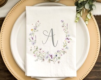 Spring Napkin, Easter Napkin, Monogrammed Purple Open Wreath, Personalized Napkin, Dinner Napkins, Custom Napkins, White or Natural Color