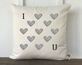 Farmhouse Valentine's Day Pillow Cover, Watercolor Heart Pattern I Love You Pillow Cover, Valentine's Gift, Heart Pillow, Pink or Gray