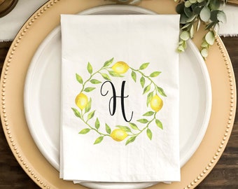 Lemon Wreath Monogrammed Napkin, Personalized Napkin, Wedding Napkin, Dinner Napkins, Custom Napkins, White or Natural Color