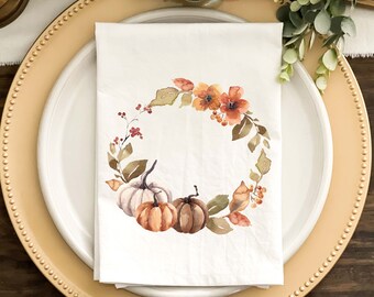 Thanksgiving Napkin, Fall Napkin, Dinner Napkins, Custom Napkins, White or Natural Color Fall Watercolor Pumpkin Wreath