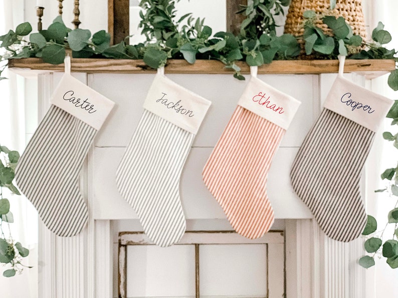 Christmas Stockings, Personalized Ticking Christmas Stockings, Christmas Decor Script or Block Font or Solid IVORY STRIPE Bild 2