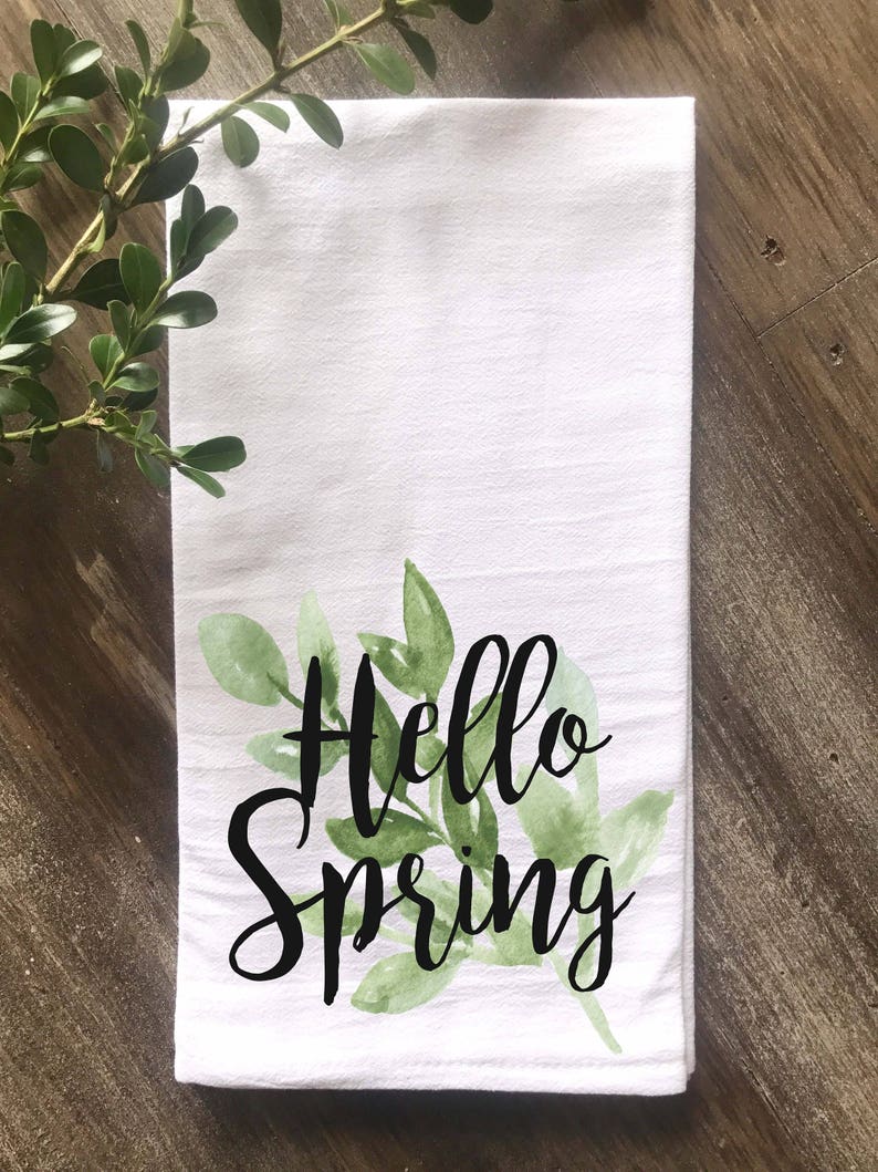 Hello Spring Kitchen Flour Sack Tea Towel, Farmhouse Kitchen Towel, Vintage Kitchen, Multiple colors image 1