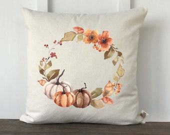 Fall Pillow, Fall Wreath Pillow Cover, Thanksgiving Pillow, Fall Pillow Cover, Watercolor Pumpkin Wreath