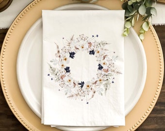 Spring Napkin, Easter Napkin, Watercolor Wildflowers Navy Accent Wreath, Dinner Napkins, Custom Napkins, Natural or White Fabric