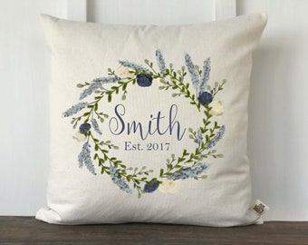 Farmhouse Personalized Pillow Cover, Blue Watercolor Wreath Personalized Pillow, Wedding Gift, Anniversary Gift, Spring Floral Pillow