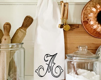 Monogrammed Towel, Farmhouse Flour Sack Towel, Vintage Monogram,  Wedding Gift, Housewarming Gift, Vintage Patter Font Initial Only