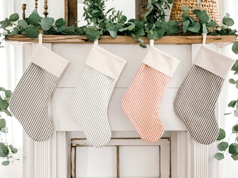 Christmas Stockings, Personalized Ticking Christmas Stockings, Christmas Decor Script or Block Font or Solid IVORY STRIPE image 4