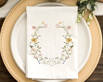 Spring Napkin, Easter Napkin, Watercolor Wildflowers Pink and Yellow Open Wreath, Dinner Napkins, Custom Napkins, Natural or White Fabric