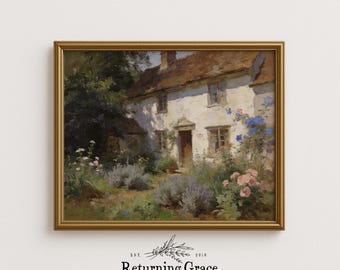 Grafika z krajobrazem w stylu vintage cottage, sztuka Cottagecore, sztuka wiosennego ogrodu (pobieranie cyfrowe), angielski domek z ogrodem