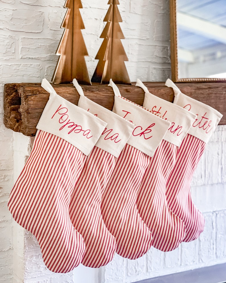 Christmas Stockings, Personalized Ticking Christmas Stockings, Christmas Decor Script or Block Font or Solid IVORY STRIPE Bild 5