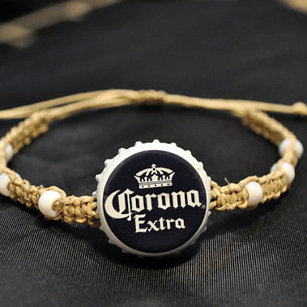 Corona Recycled Beer Bottle Cap Hemp Bracelet, recycled bottle cap jewelry, beer bottle cap, corona extra, Blue and White