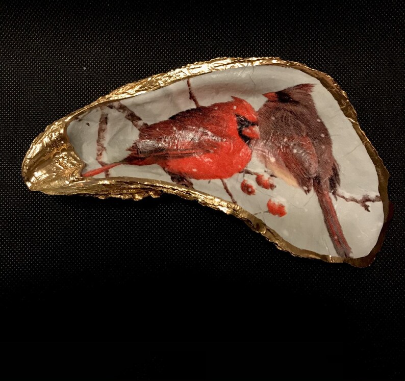 Jumbo Maine Gilded Oyster Shell Cardinals Decoupage Ring Dish Trinket Accent Dish Nautical Decor Seaside Christmas Gift Engagement Coastal