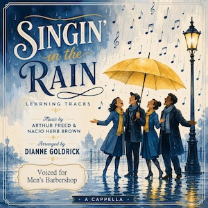 以下が含まれることがあります： Singin' in the Rain Learning Tracksというタイトルの正方形のアルバムカバー。アーサー・フリードとナシオ・ハーブ・ブラウン作曲、ダイアン・ゴールドリック編曲。青いコートと黄色いスカーフを身につけた4人が、黄色い傘の下に立っている。