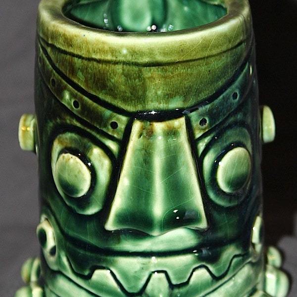 Cast stone ware tiki mug, cone 5 , food safe stoneware.