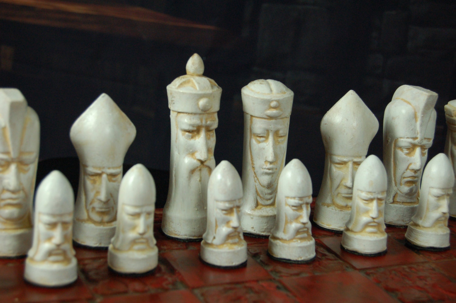 Ganine Gothic Sculptured Chess Set Checkers Board Lot w Box 1957 - Vintage