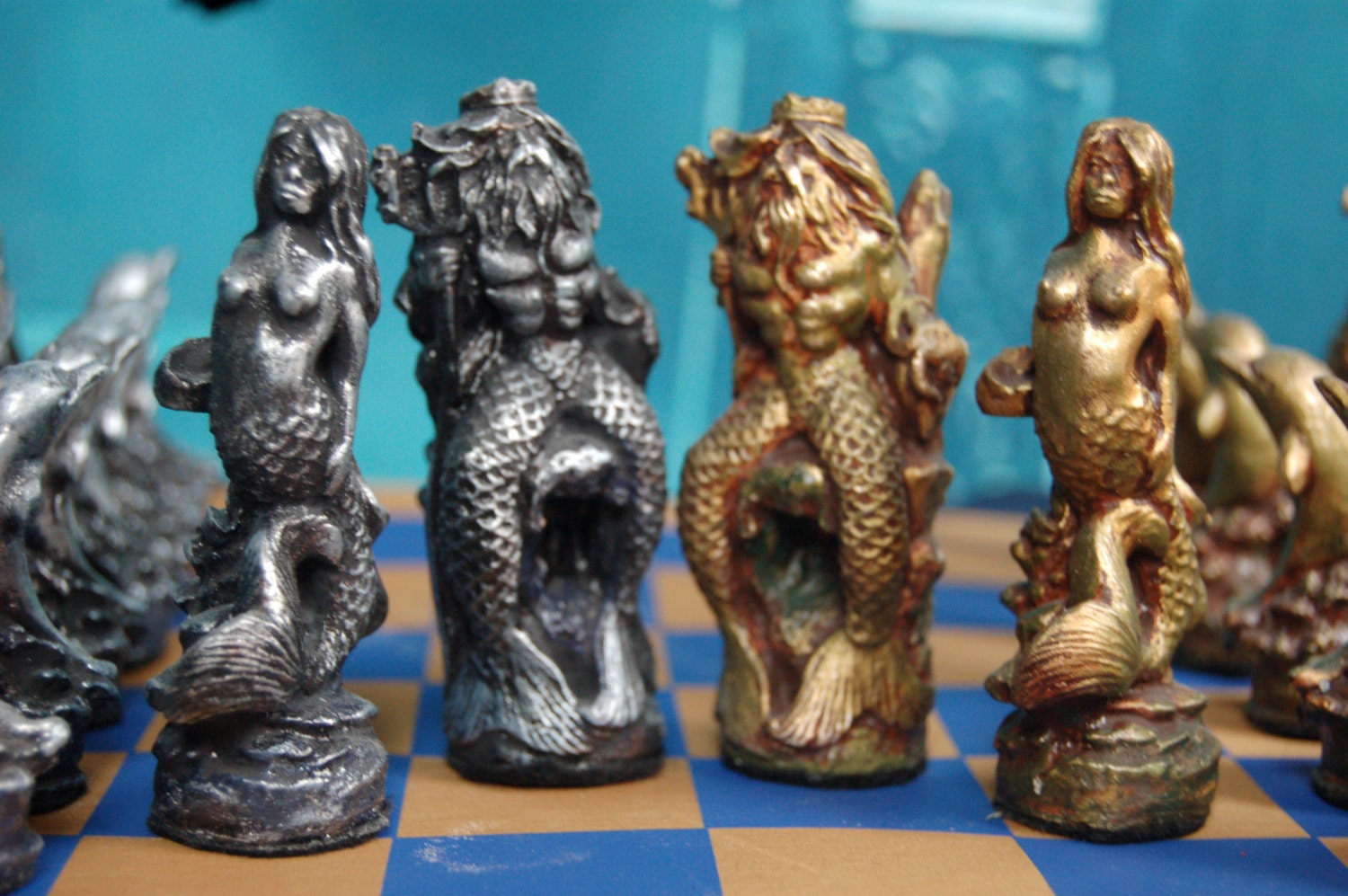Neptune Chess Set, Customisable Colours (Pieces Only) Neptune. Mermaid. Octopus, Seahorse. Dolphin