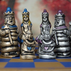 Alice in Wonderland Chess Set, Customisable colours (Pieces Only) Dark Alice. Madhatter, White Rabbit. White Knight, Tweedledee,