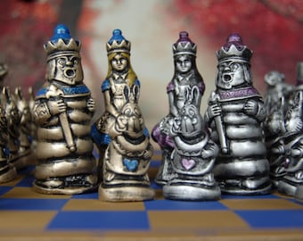 Alice in Wonderland Chess Set, Customisable colours (Pieces Only) Dark Alice. Madhatter, White Rabbit. White Knight, Tweedledee,