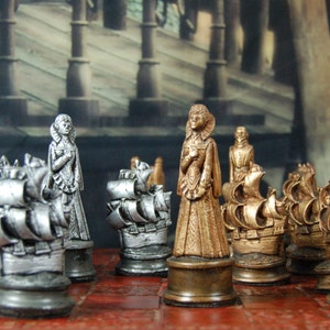 LARGE Elizabethan Chess Set, Customisable Colours (Pieces only/Board not included) Sir Walter Raleigh,Lord Burghley,Tower of London,Galleon