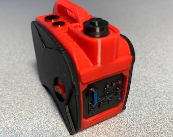 Generador portátil impreso en 3D a escala 1:10 con soporte.