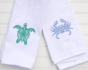 Nautical Hand Towel - Sea Turtle Towel - Crab Hand Towel - Crab Towel - Coastal Hand Towel - Beach House Decor - Nautical Home Decor