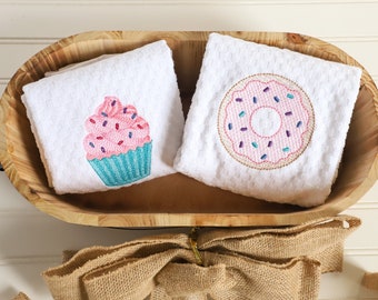 Donut Towel - Cupcake Towel - Donut Kitchen Towel - Cupcake Kitchen Towel - Sweets Kitchen Towel - Embroidered Towels - Gift For Baker