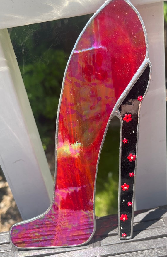 Iridescent Red Glass Slipper:  Handmade Stained Glass Suncatcher - made from antique & recycled red glass