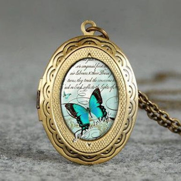 Blue butterfly locket necklace,  short vintage necklace, customizable resin illustration locket necklace jewelry A35
