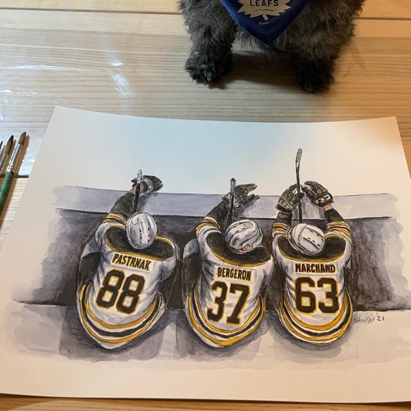 Boston Bruins Bench by MikeNguyenArt // Brad Marchand // Patrice Bergeron // David Pastrnak // Hockey // NHL // Watercolour Painting