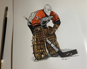 May include: A watercolour painting of a hockey goalie in a vintage orange and black uniform with the number 31 on the front. The goalie is wearing a white mask and brown goalie pads. The goalie is holding a hockey stick with the word "Sher-Wood" written on it. The painting is signed "Shaw Goff '20" in the bottom right corner.