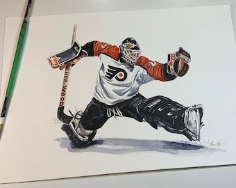 Könnte beinhalten: Aquarellmalerei eines Eishockey-Torwarts in Aktion, der ein weißes Trikot mit einem orange-schwarzen Logo, eine schwarze Hose und eine schwarze Torwartmaske trägt. Der Torwart hält einen Hockeyschläger mit dem Text "Sher-Wood" darauf. Der Torwart trägt schwarze Schoner und einen schwarzen Handschuh. Das Gemälde ist signiert mit "B. Kelly '21".