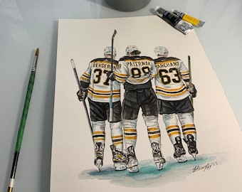 Bruins Perfection Line by MikeNguyenArt // Brad Marchand // Patrice Bergeron // David Pastrnak // Hockey // NHL // Watercolour Painting