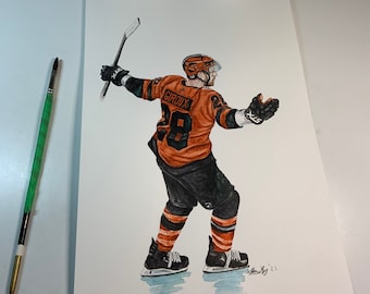 May include: Watercolour painting of a hockey player wearing an orange and green jersey with the name "Giroux" and the number "28" on the back. The player is holding a hockey stick and is in a skating position.