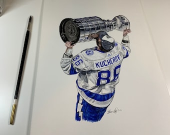 May include: A watercolor painting of a hockey player holding the Stanley Cup trophy over his head. The player is wearing a white jersey with blue accents and the number 86 on the back. The jersey has the words "Kucherov" on the back. The player is wearing a black helmet and a black face mask. The Stanley Cup is silver and has the words "Stanley Cup" on the side.