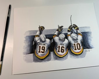 Banquillo de los Canucks // Alineación de fantasía // Markus Naslund // Trevor Linden // Pavel Bure // Vancouver Canucks // Hockey // Pintura en acuarela