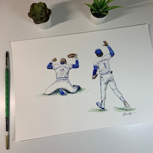 George Bell e Tony Fernandez // Presa in tuffo del 1985 // Toronto Blue Jays // MLB // Baseball // Acquerello