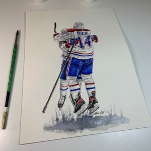 Nick Suzuki & Cole Caufield // 2021 Playoff Goal Celebration // Montreal Canadiens // Hockey Goalie // NHL // Watercolour Painting