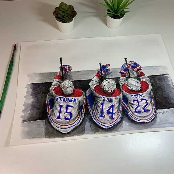 Montreal Bench // Jesperi Kotkaniemi // Nick Suzuki // Cole Caufield // Montreal Canadiens // Hockey Goalie // NHL // Watercolour Painting