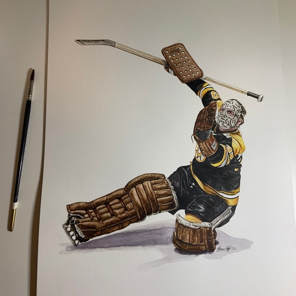 Gerry Cheevers // Boston Bruins // Hockey // NHL // Watercolour Painting