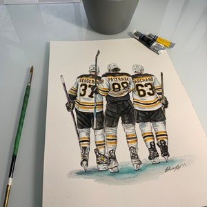 Bruins Perfection Line by MikeNguyenArt // Brad Marchand // Patrice Bergeron // David Pastrnak // Hockey // NHL // Watercolour Painting