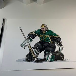 This is a painting of Mike Modano jersey retirement ceremony with