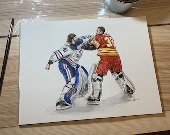 May include: Watercolor painting of two hockey players in action, one in blue and white, the other in red and yellow. The players are in a close physical confrontation, with their hockey gear visible. A small potted plant and a paintbrush are in the background.