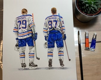 Connor McDavid et Leon Draisaitl // Oilers d'Edmonton // Hockey // LNH // Aquarelle